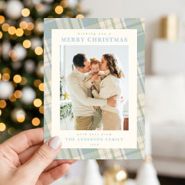 グランマリennial ブルー グリーン チェック クリスマスフォト シーズンカード