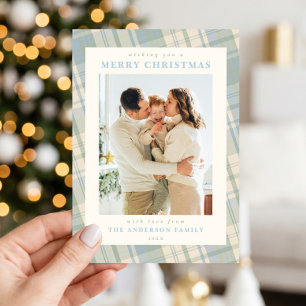グランマリennial ブルー グリーン チェック クリスマスフォト シーズンカード