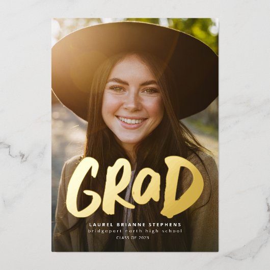 グラーはっきりしたドモダン金ゴールド1枚の写真卒業フォイル 箔招待状 (正面)
