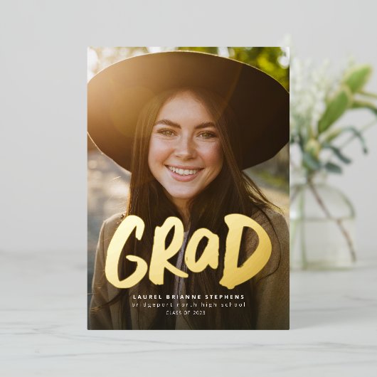 グラーはっきりしたドモダン金ゴールド1枚の写真卒業フォイル 箔招待状 (立ち正面)