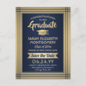 グラードおめでとうネイビーブルー&金ゴールド日付写真を保存 案内ポストカード (正面)