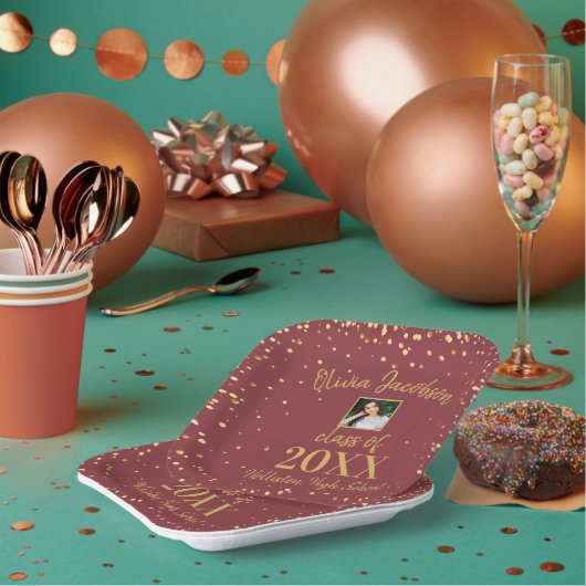 グラードフォト金ゴールド紙吹雪バーガンディ卒業パーティー ペーパープレート (複数)