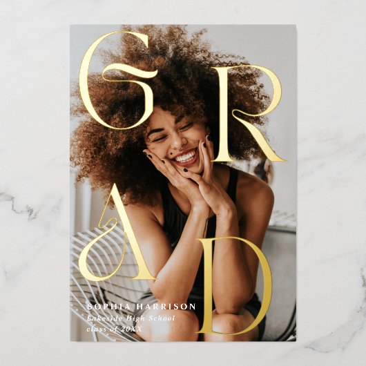 グラード金ゴールド積み上げ文字タイポグラフィ卒業 箔招待状 (正面)