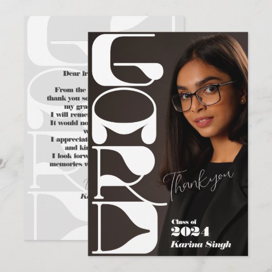 グラード!モダン卒業フォトカー感謝していドのスクリプト サンキューカード (正面/裏面)