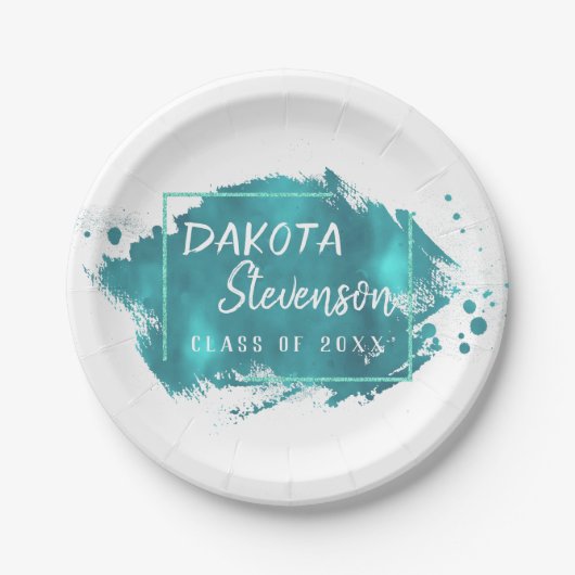 グラー色彩の鮮やかド |ティール（緑がかった色）（ばちゃばちゃ）跳ねるブラシストロークパーティー ペーパープレート (正面)