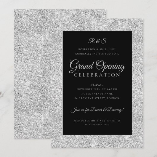 グラ企業のンドオープンシルバーグリッター 招待状 (正面/裏面)