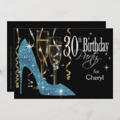 グラ スティレット シャンパン 30歳の誕生日 淡い青色 招待状 (正面/裏面)