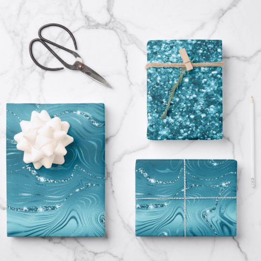 グリジーアクアブルーターコイズグリッター誕生日 ラッピングペーパーシート (正面)