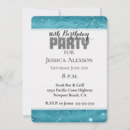 グリジーアクアブルーターコイズグリッター誕生日 招待状 (正面)