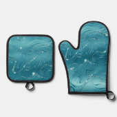 グリジーアクアブルーターコイズ大理石 鍋つかみ&鍋敷きセット (正面)