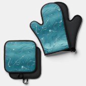 グリジーアクアブルーターコイズ大理石 鍋つかみ&鍋敷きセット (正面/裏面)