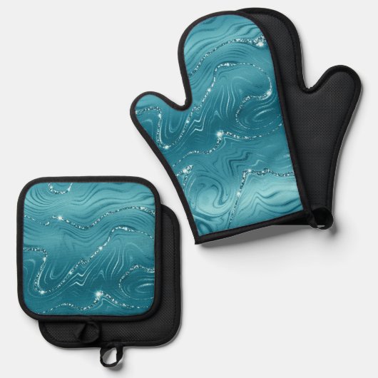 グリジーアクアブルーターコイズ大理石 鍋つかみ&鍋敷きセット (正面/裏面)