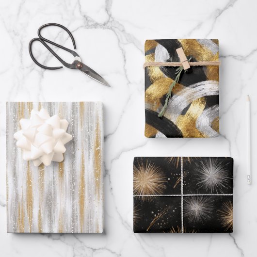 グリジーグラム金ゴールドブラックシルバークリスマス ラッピングペーパーシート (正面)