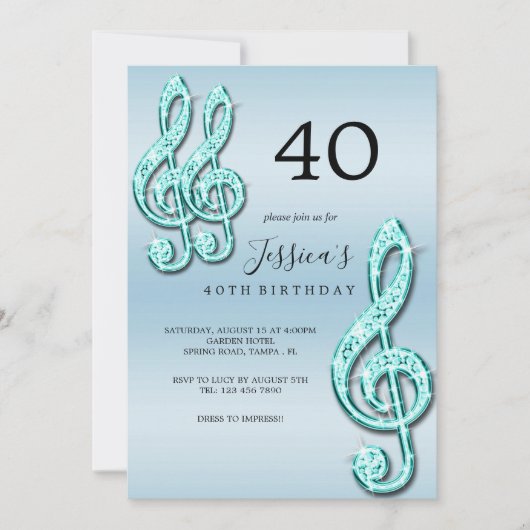 グリジーティール(緑がかった色)ミュージックノート誕生日 招待状 (正面)