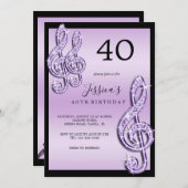 グリジー薄紫ミュージックノート誕生日 招待状 (正面/裏面)