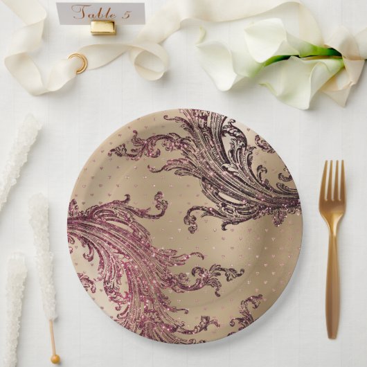 グリジー金ゴールドグラムブルゴーニュハートブライダルシャワー ペーパープレート (ウェディング)