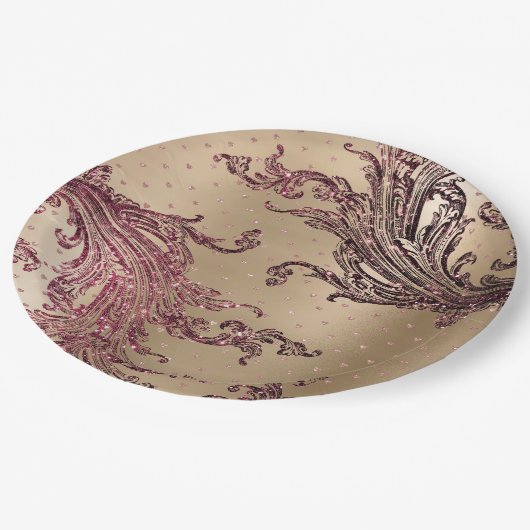 グリジー金ゴールドグラムブルゴーニュハートブライダルシャワー ペーパープレート (アングル)