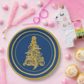 グリジー金ゴールドツリーとブルーバックグラウンドホリデー ペーパープレート (パーティー)