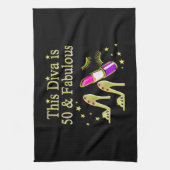 グリジー金ゴールド50th誕生日DIVAデザイン キッチンタオル (縦)