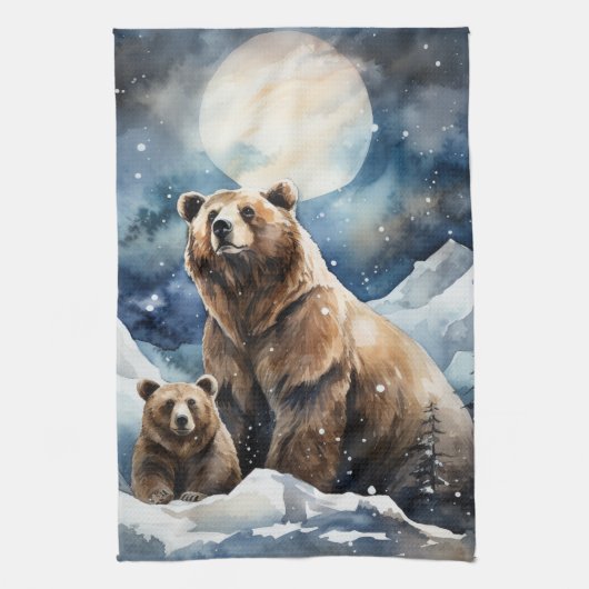 グリズリクマと子熊 キッチンタオル (縦)