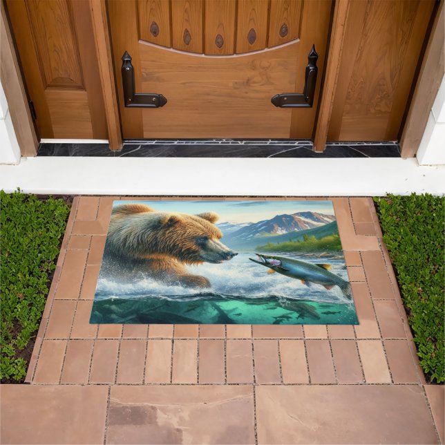 グリズリークマとスチールヘッドのマス36x24 ドアマット (室外)