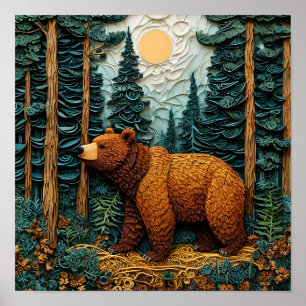 🐻 グリズリーベアのペーパークイリングアート 詳細な自然 ポスター