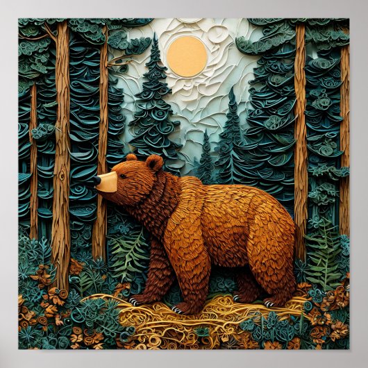 🐻 グリズリーベアのペーパークイリングアート 詳細な自然 ポスター (正面)