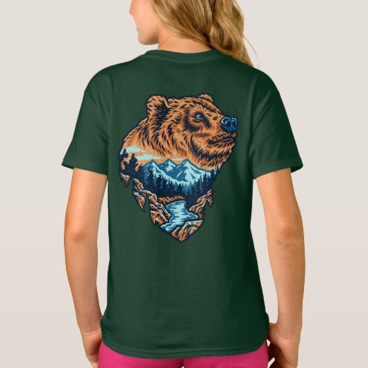 グリズリーベアの頭のシルエット 山 森 川 Tシャツ (裏面)