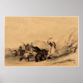 グリズリーベアを攻撃する1844年ジョージ・キャトリン ポスター