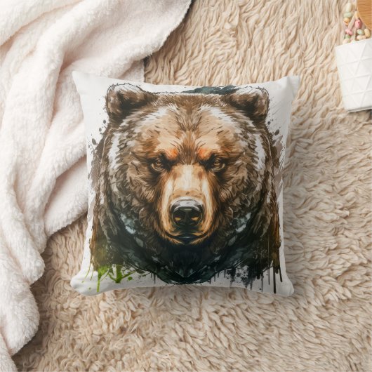 グリズリーベアポートレート動物絵を描の野生動物アート クッション (ブランケット)