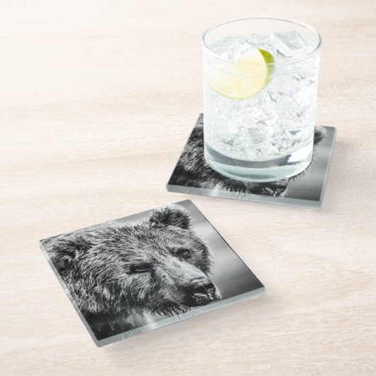 グリズリーベアポートレート ガラスコースター (アングル)
