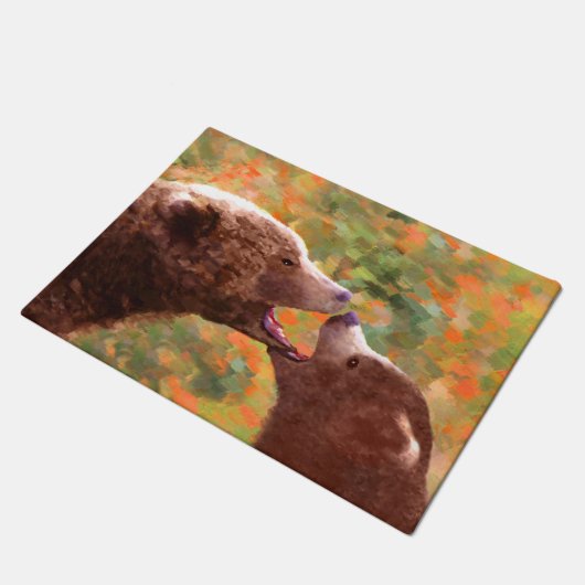 グリズリーベアーママとカブ絵画ズ – ワイルドライフアート ドアマット (アングル)