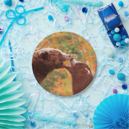 グリズリーベアーママとカブ絵画ズ – ワイルドライフアート ペーパープレート (パーティー)