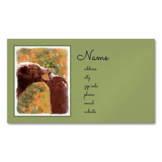 グリズリーベアーママとカブ絵画ズ – ワイルドライフアート マグネット名刺 (正面)