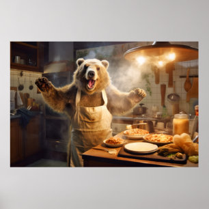 グリズリーベアー動物おもしろい料理キッチンハッピー ポスター