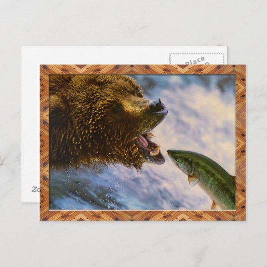 グリズリーベア捕獲鉄頭サーモン葉書 ポストカード (正面/裏面)