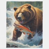 グリズリーベア魚釣り フリースブランケット (正面)