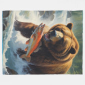 グリズリーベア魚釣り フリースブランケット (正面(横))