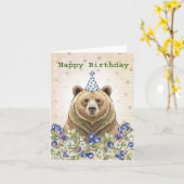 グリズリー予測できなベアーブルーベリーメンズ誕生日 カード (黄色い花)