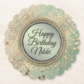 グリタリースターダストオングリーンパーソナライズされた誕生日 ペーパーコースター (正面)