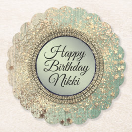 グリタリースターダストオングリーンパーソナライズされた誕生日 ペーパーコースター