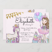 グリタリーピンク誕生日ガールユニコーン招待状 招待状 (正面/裏面)