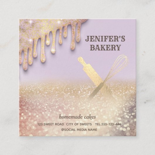 グリタリー転が金ゴールドのピンウィスクシェフベーカリーバス スクエア名刺 (正面)