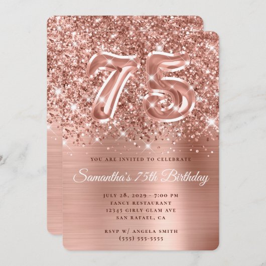 グリッきらめくテリーバラ金ゴールドグラム75誕生日 招待状 (正面/裏面)