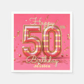 グリッエレガントジストライプの・ピンク&金ゴールド50誕生日 スタンダードカクテルナプキン (正面)