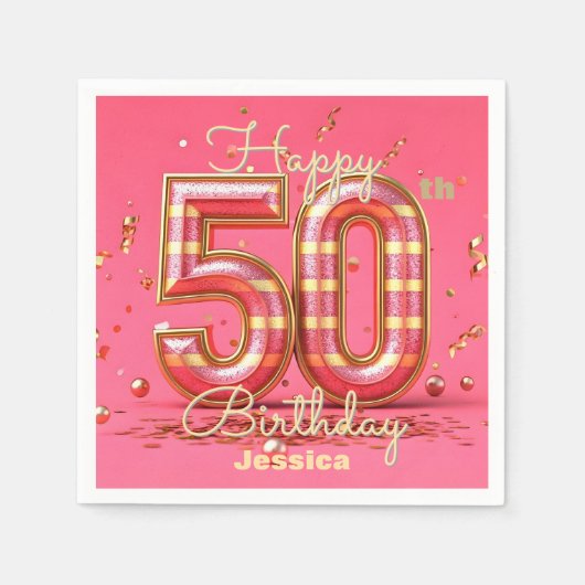 グリッエレガントジストライプの・ピンク&金ゴールド50誕生日 スタンダードカクテルナプキン (正面)
