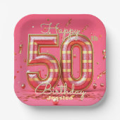 グリッエレガントジストライプの・ピンク&金ゴールド50誕生日 ペーパープレート (正面)