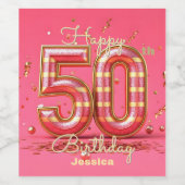 グリッエレガントジストライプの・ピンク&金ゴールド50誕生日 ワインラベル (シングルラベル)