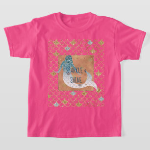 グリッジアクアマーメイドブルー金ゴールドスパークルグリッター Tシャツ