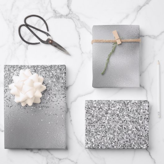 グリッジシルバーグラムスパークルグリッター ラッピングペーパーシート (正面)